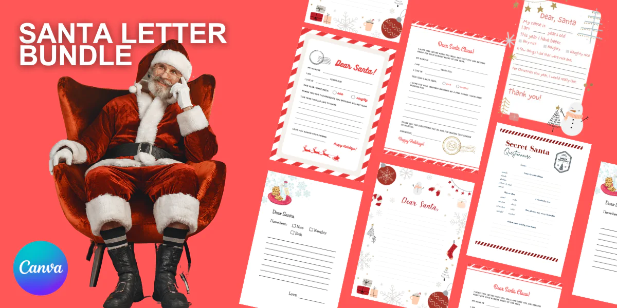 🎅 70 Unique Santa Letter Bundle – Canva Template (70 Pages) 🎅